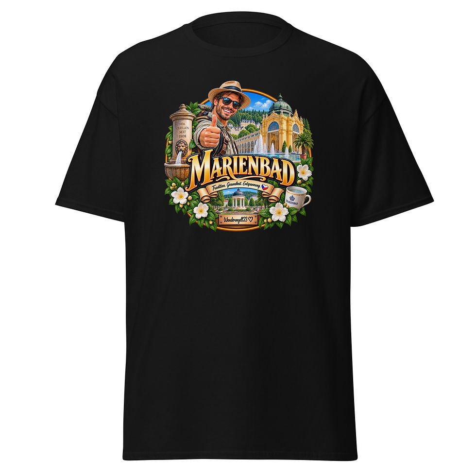 Marienbad T-Shirt Design mit Urlauber, Heilquelle, Kolonnade und historischem Kurpark