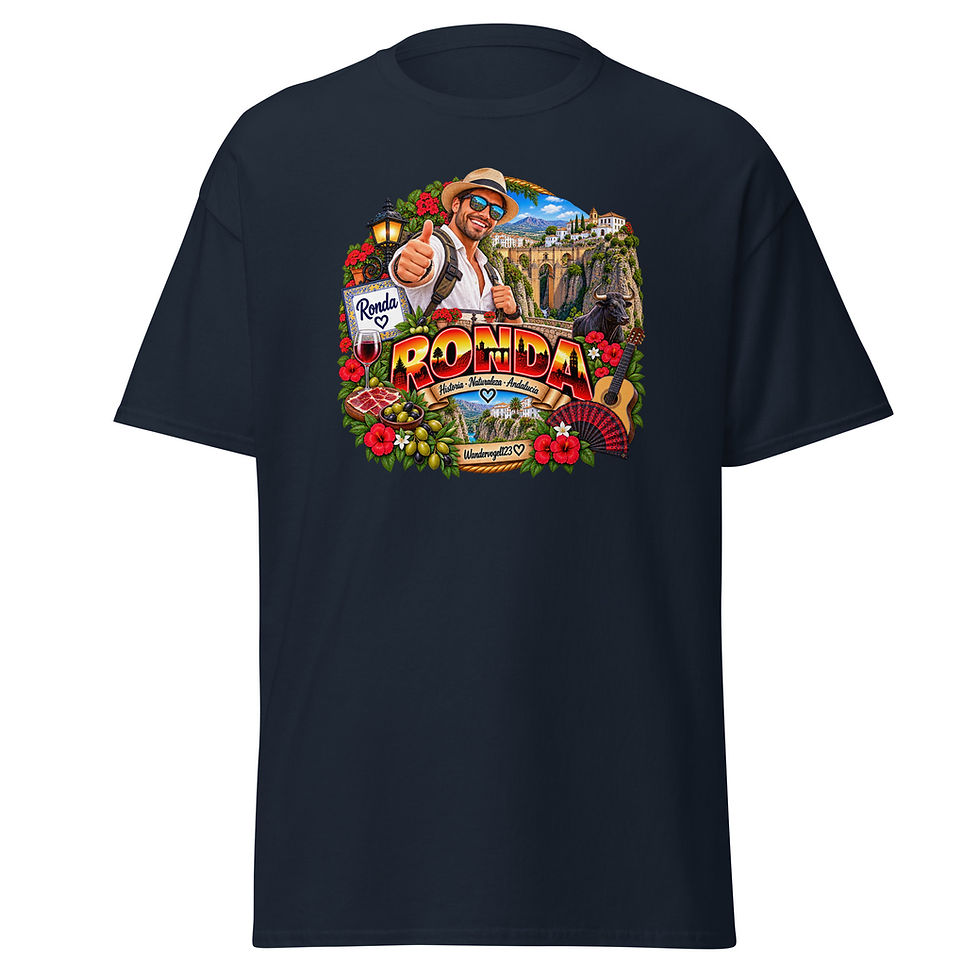 Ronda T-Shirt Design mit Urlauber, Puente Nuevo, Schlucht und andalusischen Motiven