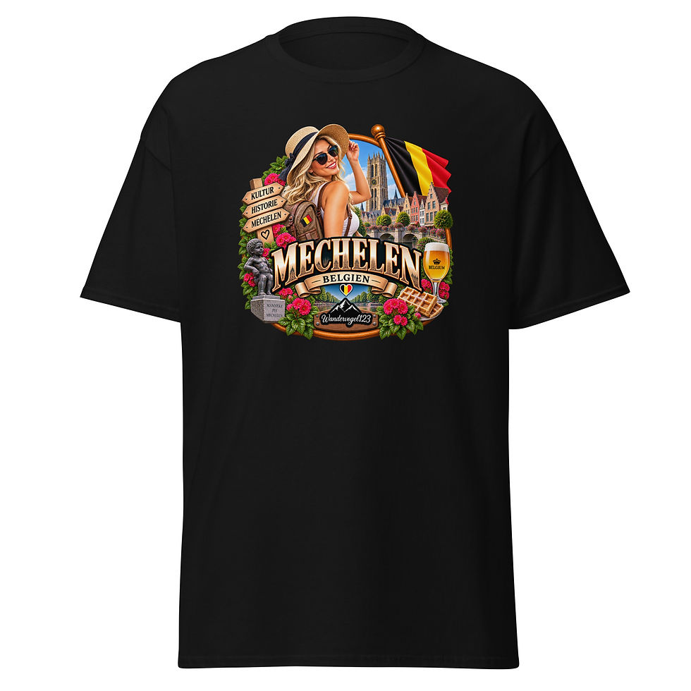 Mechelen T-Shirt Design mit Reisender, historischer Stadtkulisse, belgischer Flagge, Bier, Waffeln und Blumen