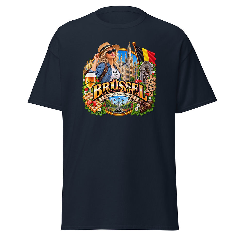 Brüssel T-Shirt Design mit Urlauberin, Atomium, Manneken Pis, belgischer Flagge, Waffeln, Schokolade und historischer Archite