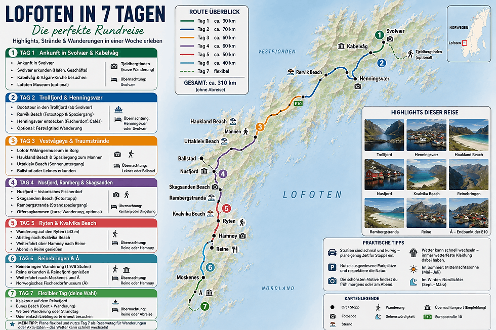 Infografik mit Lofoten-Route in 7 Tagen, farbiger Karte, Etappen, Highlights, Tipps und Fotos von Stränden, Fjorden und Orten.
