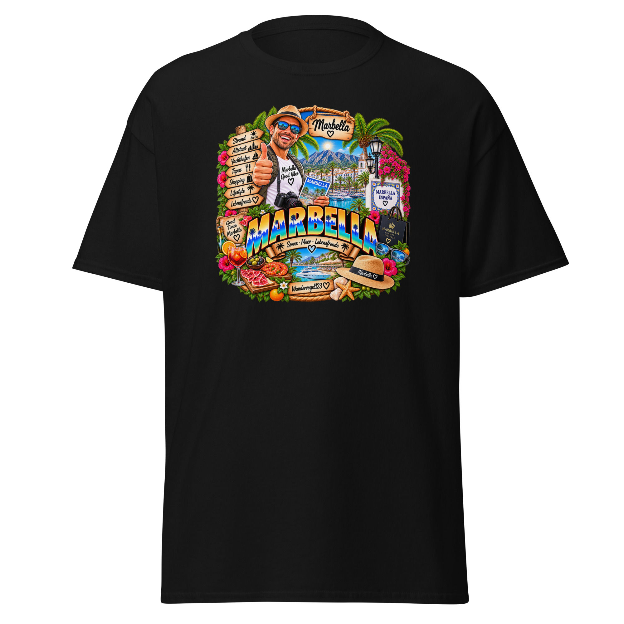 Marbella T-Shirt Design mit männlichem Touristen, Yachthafen, Palmen und Costa del Sol