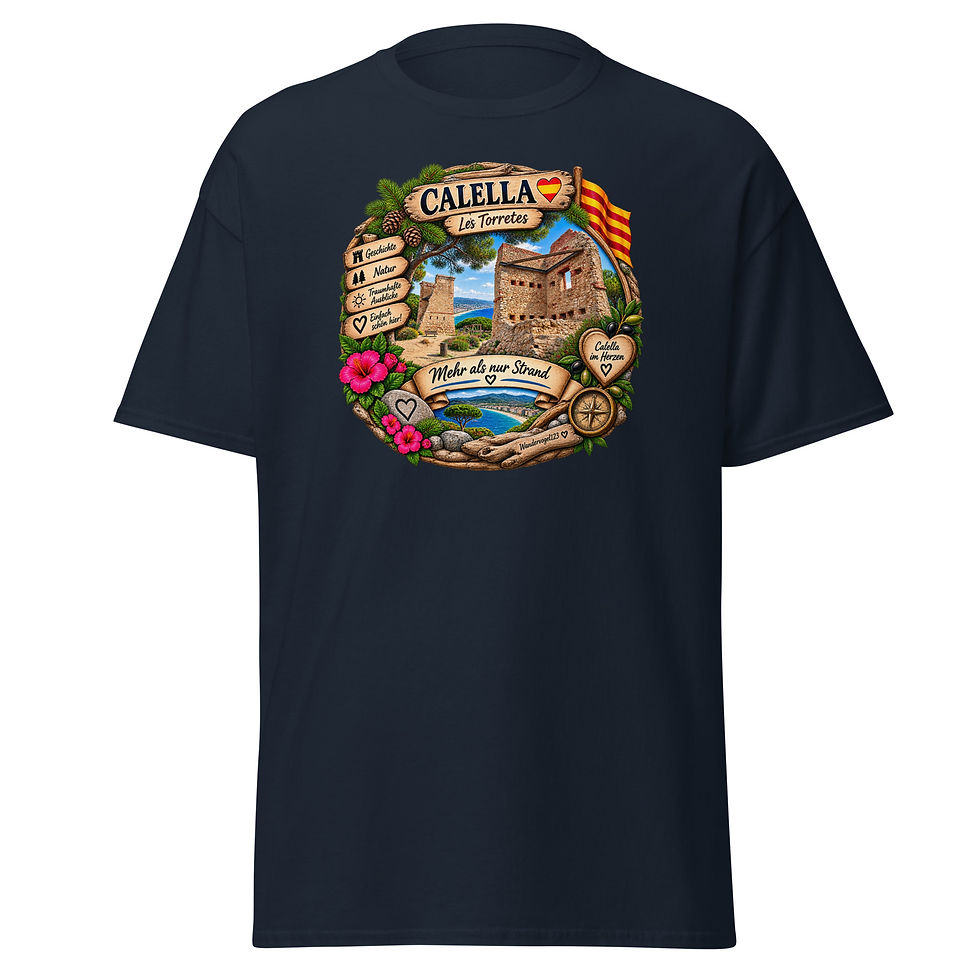 Calella Les Torretes T-Shirt Design mit historischen Türmen und Costa Brava Landschaft