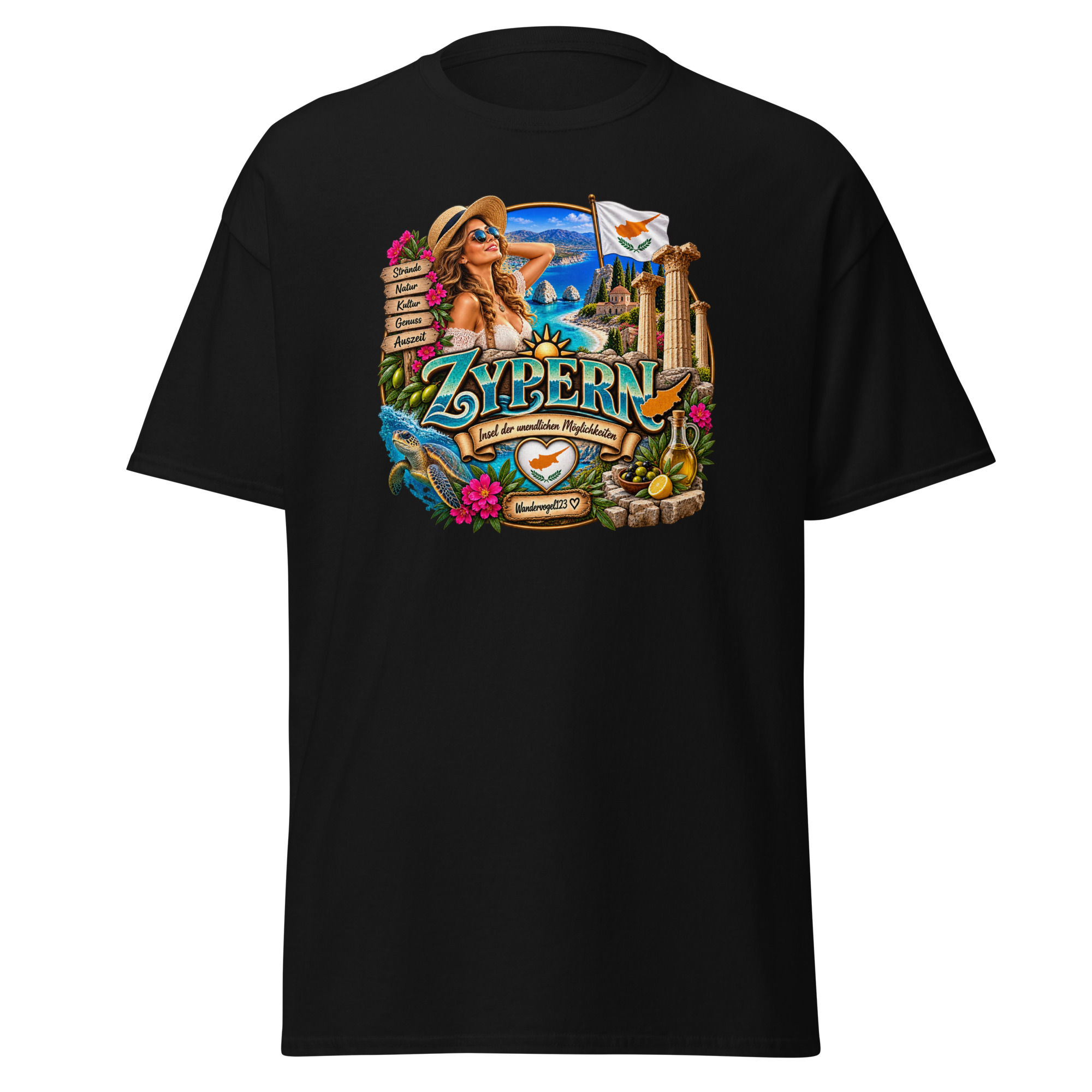 Zypern T-Shirt Design mit Urlauberin, Mittelmeerküste, Meeresschildkröte und antiken Säulen