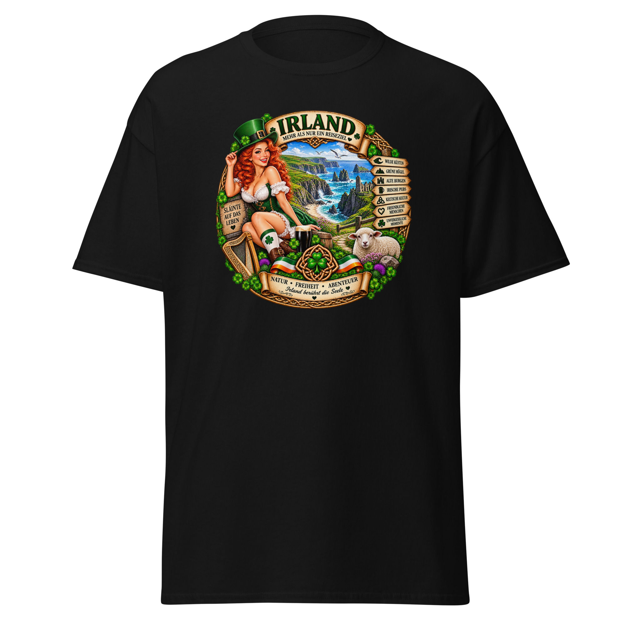 Irland T-Shirt Design mit rothaarigem Pin-up, wilder Küste, Harfe und Schaf