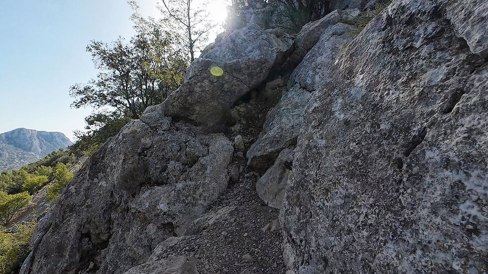 Steiler felsiger Bergpfad zwischen großen grauen Felsen, Sonnenlicht und Bäumen, im Hintergrund ein Gebirge.