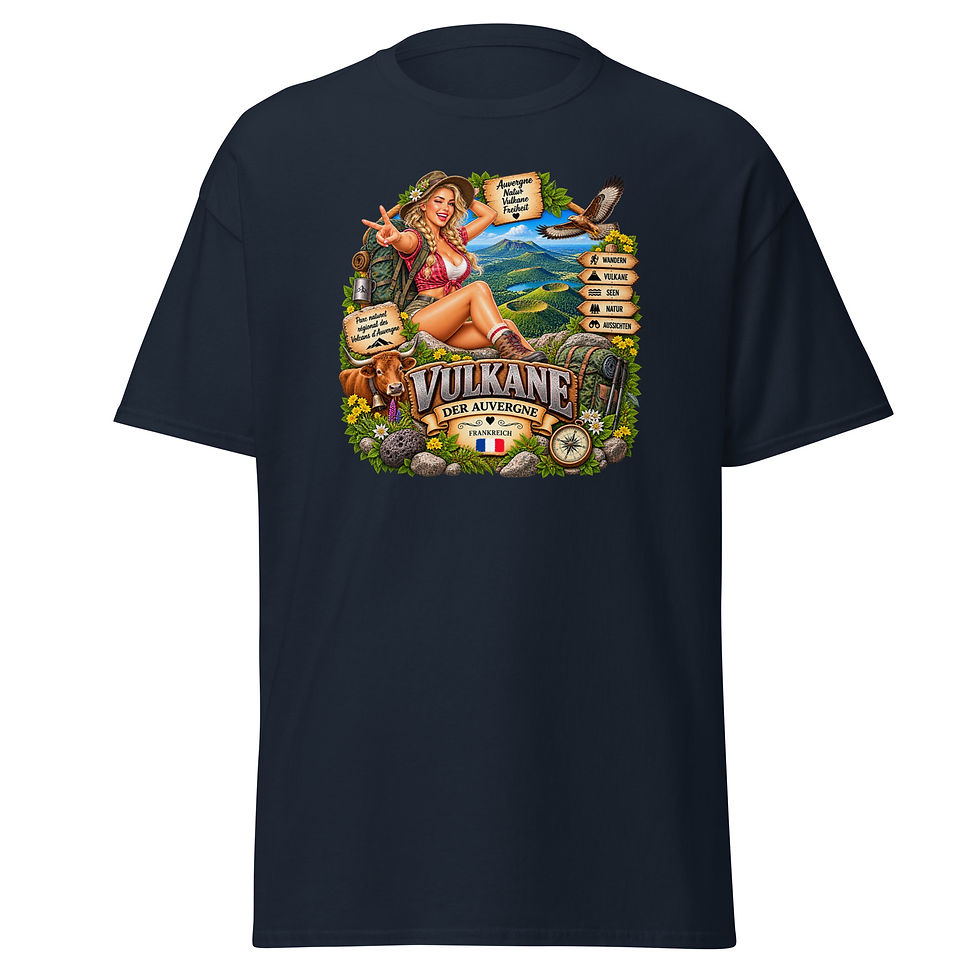 Vulkane der Auvergne T-Shirt mit Wanderin, grünen Vulkankegeln, Kraterseen und Auvergne-Rind