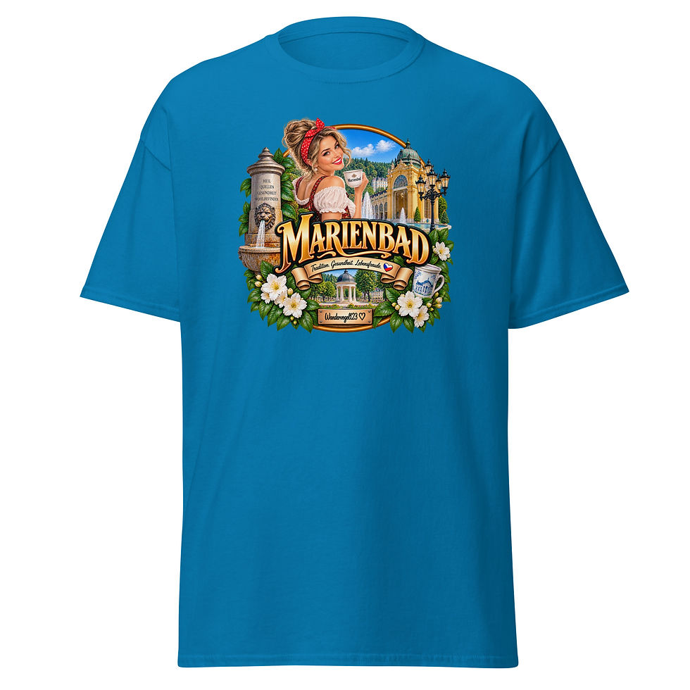 Thumbnail: Marienbad T-Shirt Design mit Retro-Urlauberin, Heilquelle, Kurarchitektur und Trinkkur-Tasse