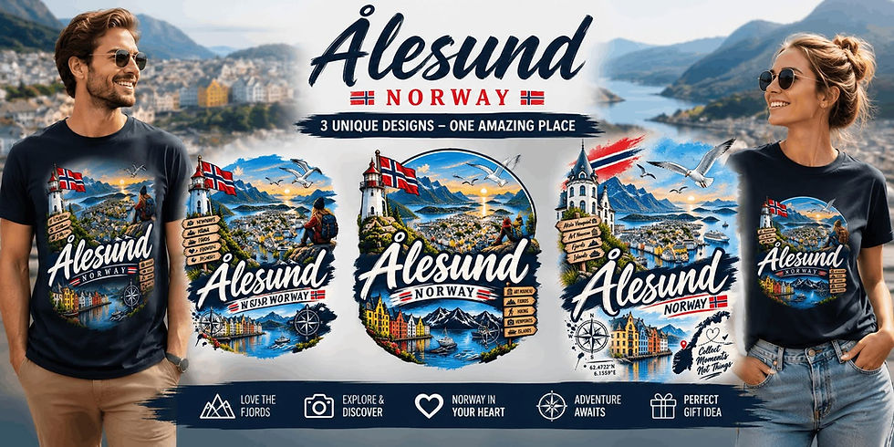 Zwei lächelnde Menschen in Ålesund-Norway-T-Shirts vor Fjordkulisse mit Schriftzug Ålesund Norway.