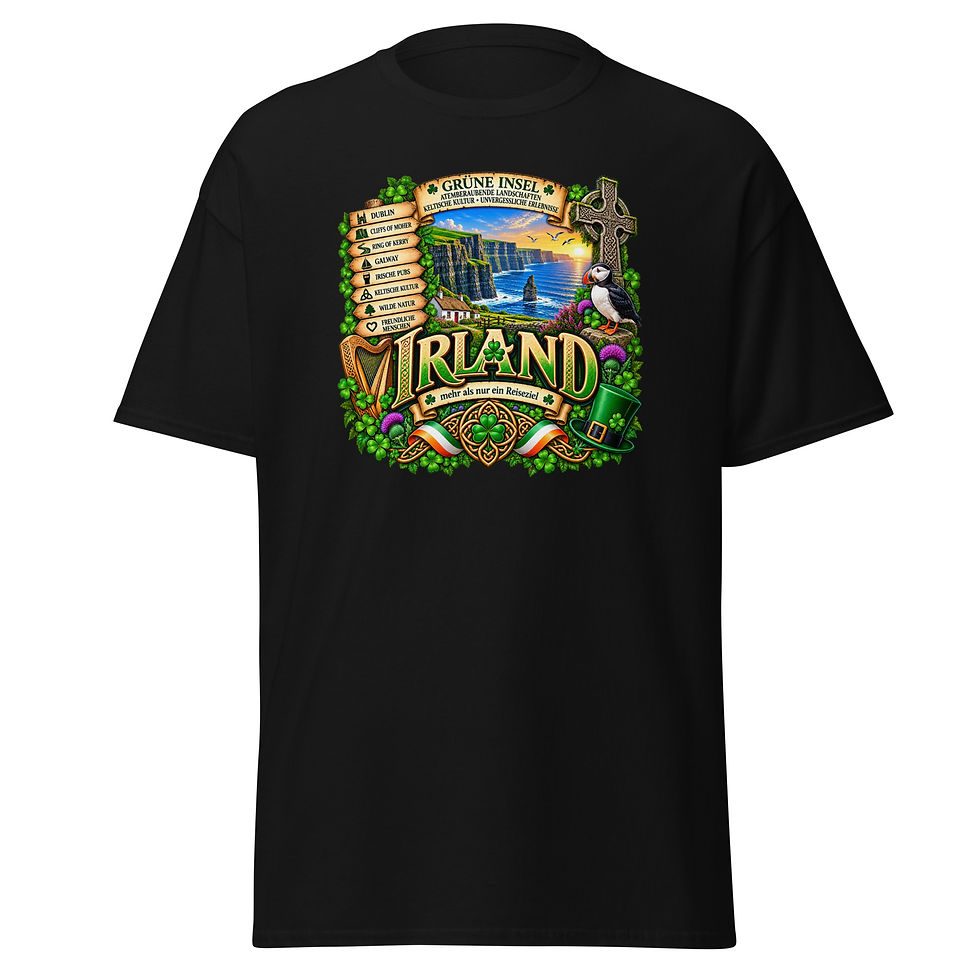 Irland T-Shirt Design mit Küste, keltischem Kreuz, Harfe und Papageitaucher
