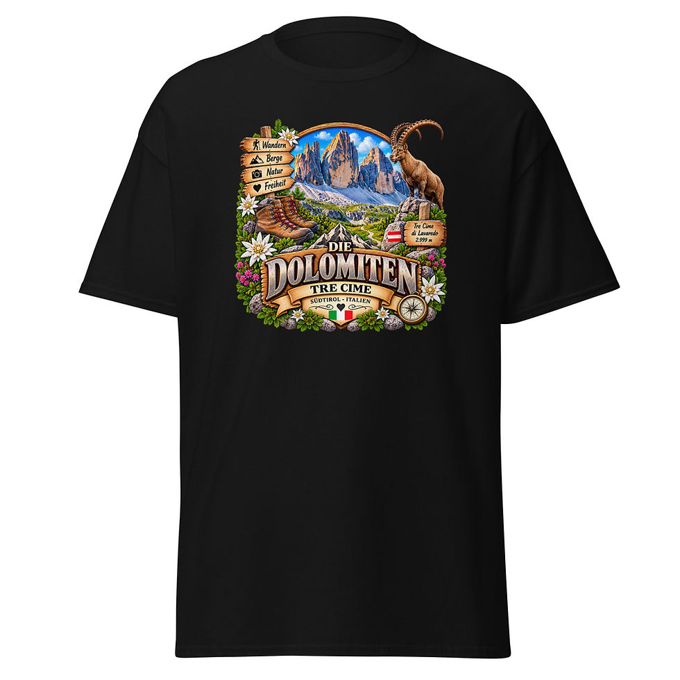 Dolomiten T-Shirt Design mit Tre Cime Drei Zinnen Steinbock und Edelweiß