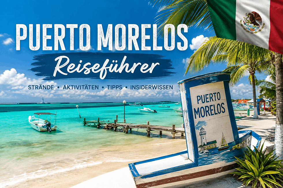 Strand in Puerto Morelos mit Palmen, Booten und mexikanischer Flagge; Aufschrift Puerto Morelos Reiseführer.
