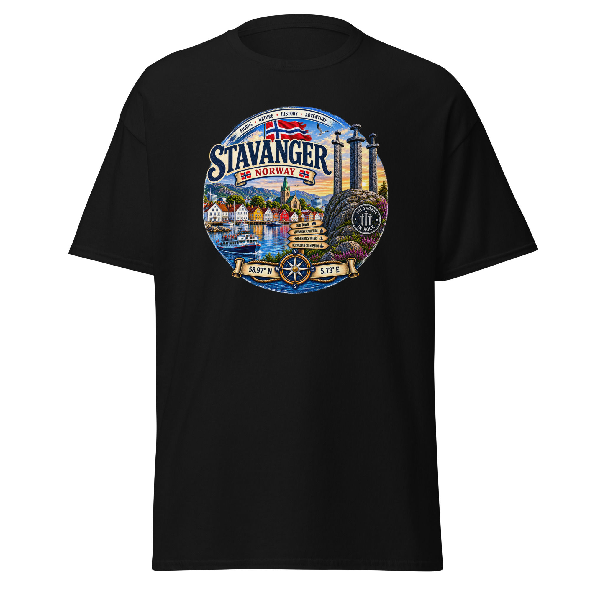 Stavanger T-Shirt – Norwegen & Schwerter im Felsen Design