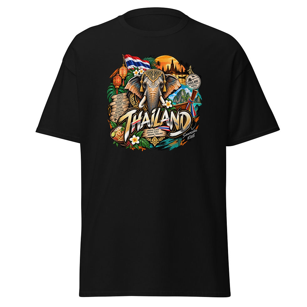 Thailand T-Shirt mit Elefant Tempel Longtail-Boot und tropischer Landschaft