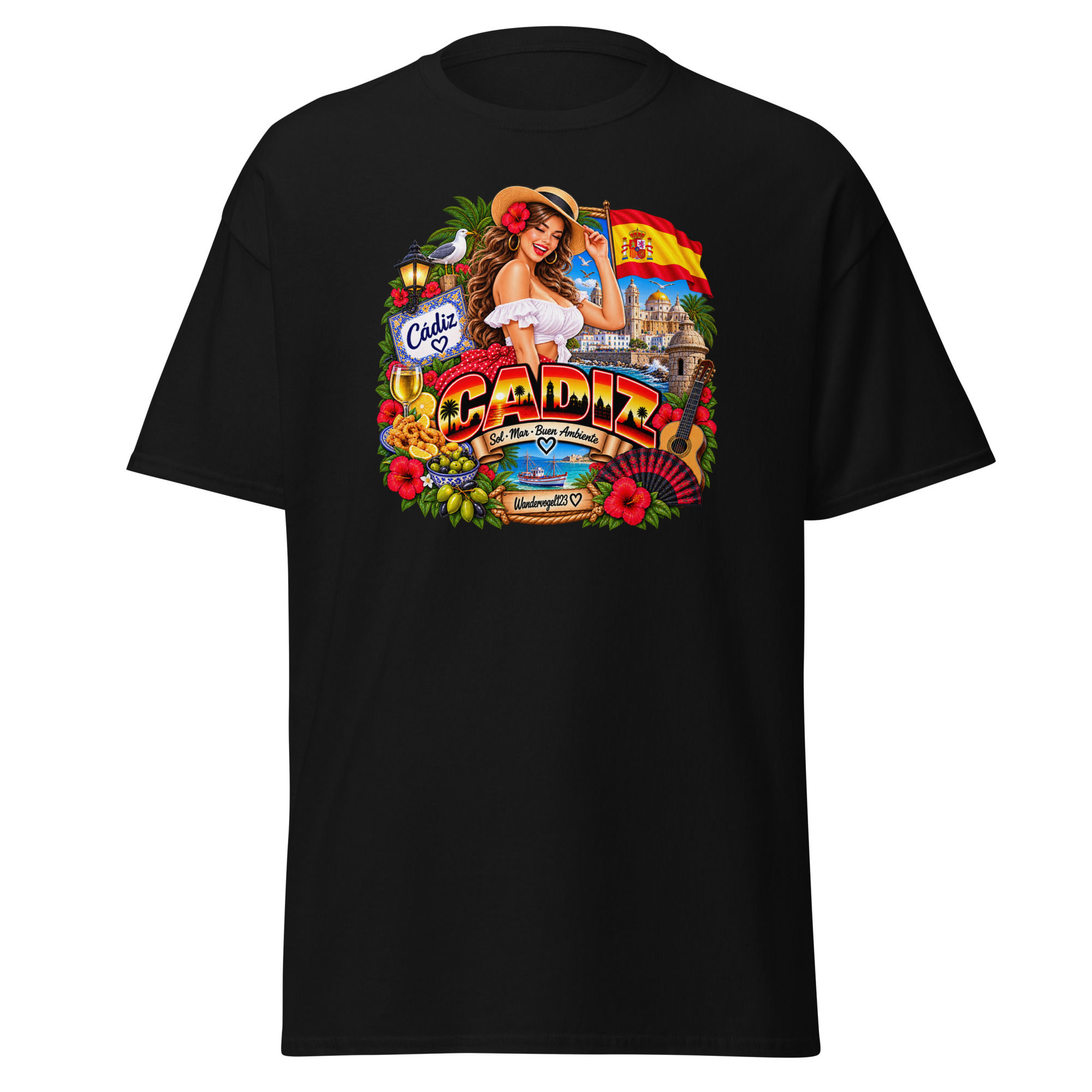 Cádiz T-Shirt Design mit Retro-Pin-up, Atlantikküste, spanischer Flagge und Kathedrale