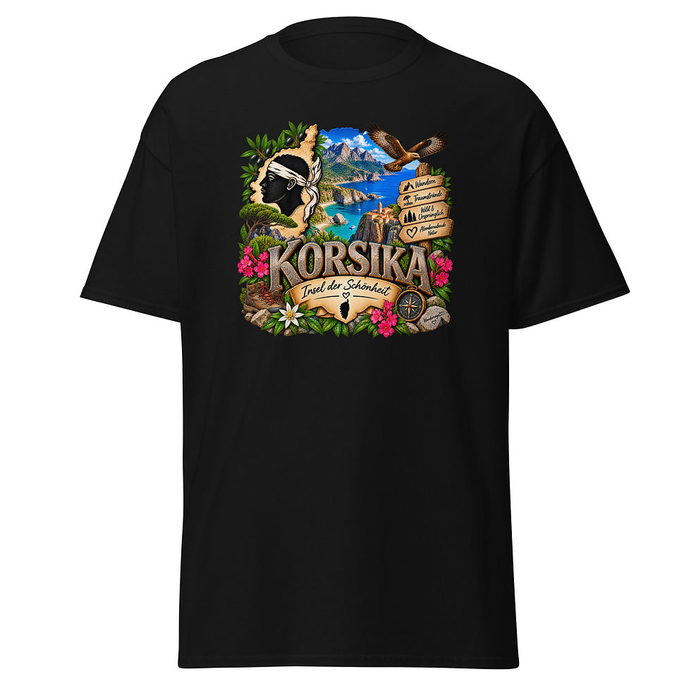 Korsika T-Shirt Design mit korsischem Mohrenkopf, Bergen, Mittelmeer und Wanderstiefeln