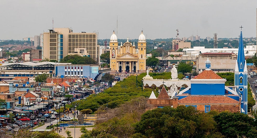 Zwei Kirchen, eine gelb-weiße und eine blaue, im Stadtzentrum mit belebten Straßen und grünen Bäumen, unter bewölktem Himmel. Reiseziel Venezuela