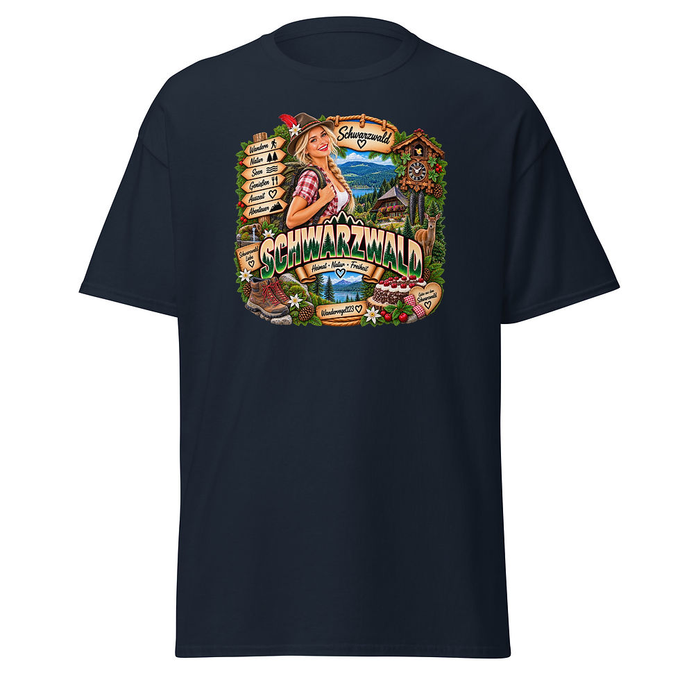 Schwarzwald T-Shirt Design mit Wanderin, Kuckucksuhr, Schwarzwaldhaus, See und Schwarzwälder Kirschtorte