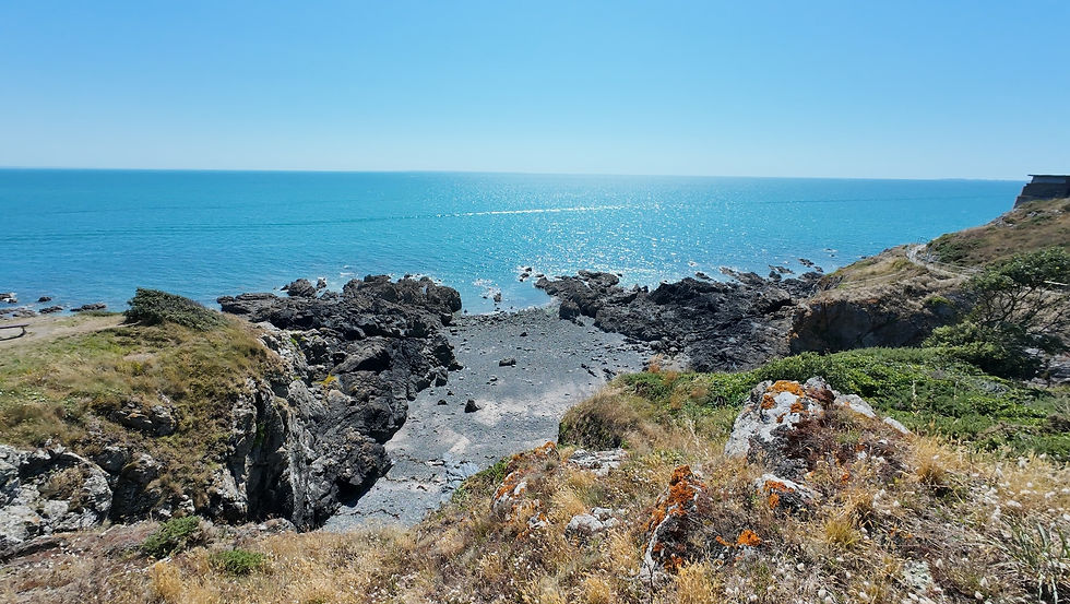 Klippenlandschaft mit Blick auf blaues Meer und Felsen. Grüne Vegetation im Vordergrund, sonniger Tag, klare, beruhigende Atmosphäre. Kleine Bucht an der Landzunge von Granville