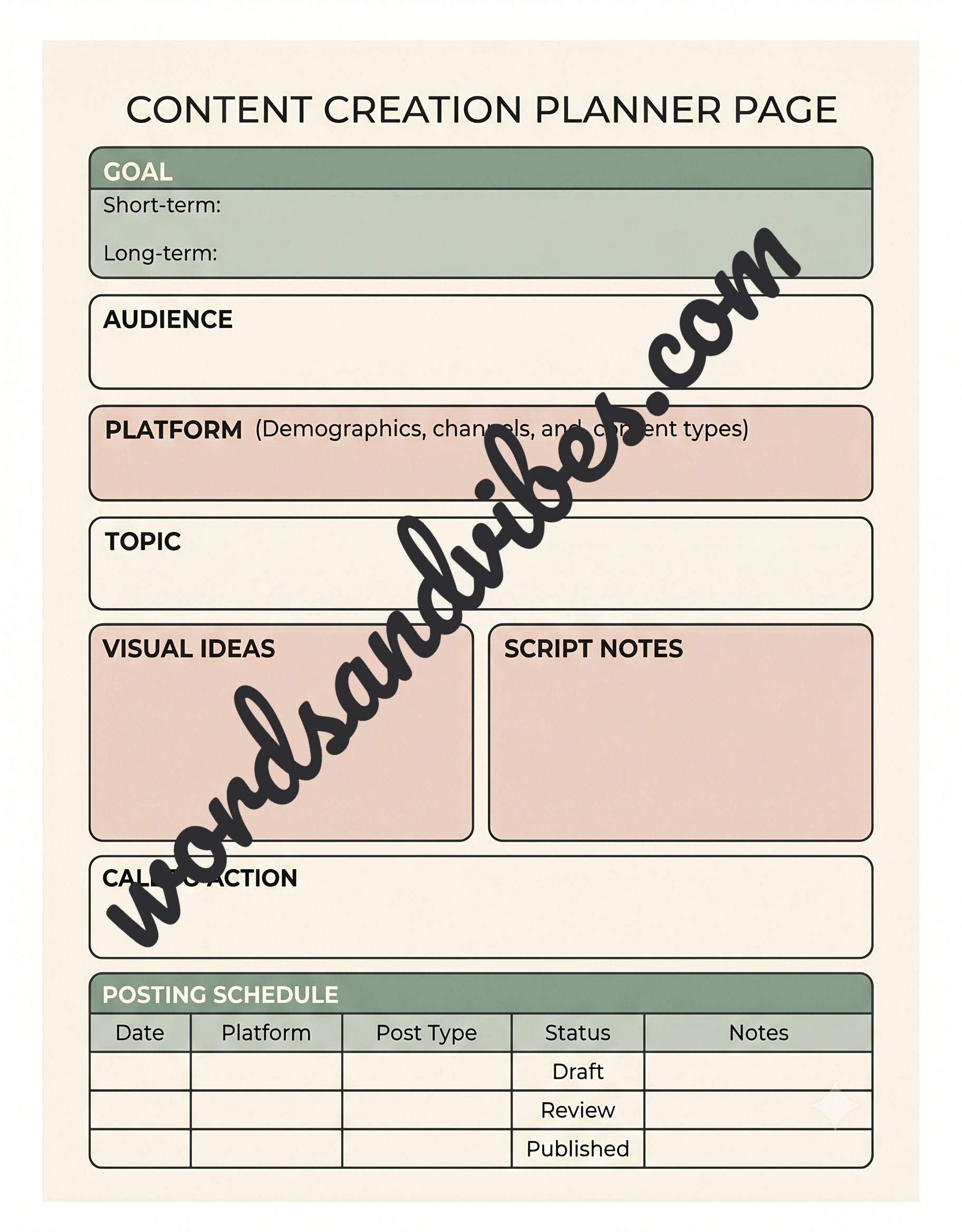 Content Creation Planning Page