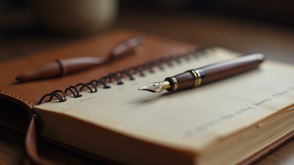 Close-up view of a vintage leather journal with a fountain pen