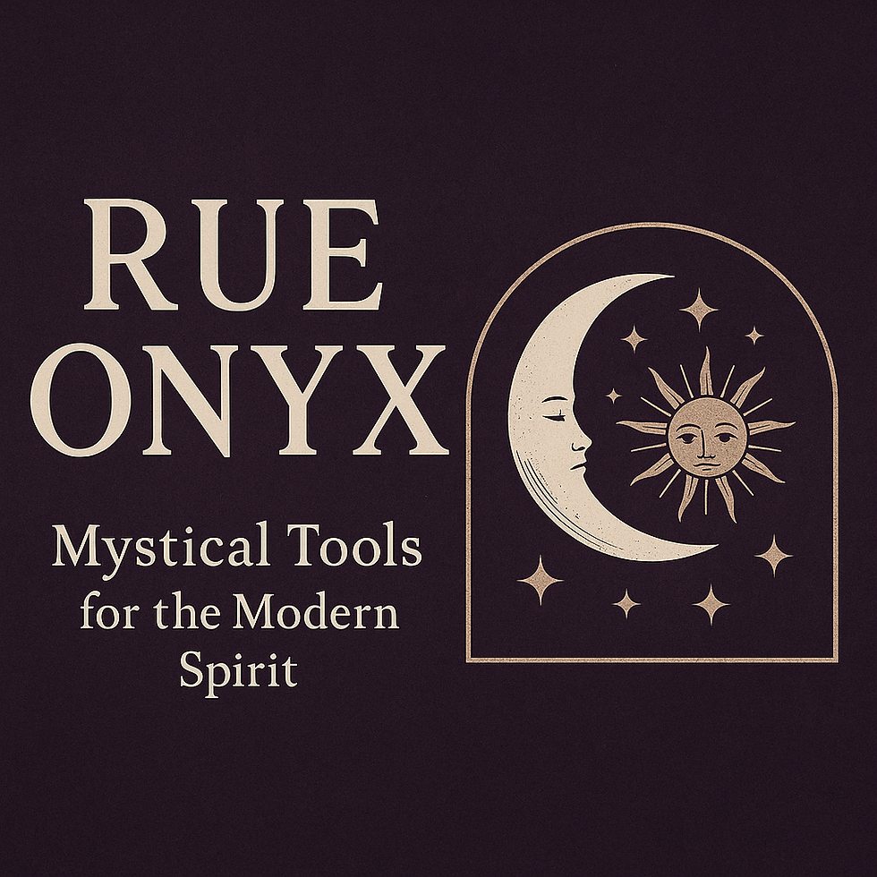 Rue Onyx metaphysical shop logo with sun and moon