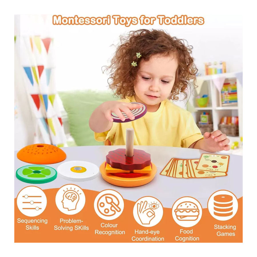 Wooden Toys Burger Stacking Toys Order Cards Educational Fine Motor Skills Toys with child