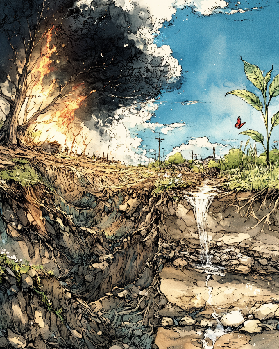 Une coupe de terrain en deux moitiés. À gauche, sous une épaisse fumée noire, un arbre est la proie des flammes au-dessus d’un sol profondément raviné, éventré par l’érosion, où la terre s’effondre en blocs : la dynamique de dégradation. À droite, sous un ciel bleu, un mince filet d’eau claire descend le long des couches de terre et vient se déposer dans un bassin de galets. Des racines retiennent le sol, et une jeune pousse verte se dresse, visitée par un papillon rouge : la dynamique d’aggradation. Illustration de la bascule de l’érosion vers l’aggradation, de la malédiction vers la bénédiction, dans l’article Malédiction et bénédiction, Subtil & Sens.