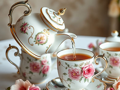 Elegant and ornate tea set with kettle pouring tea into come with simple florals .jpg