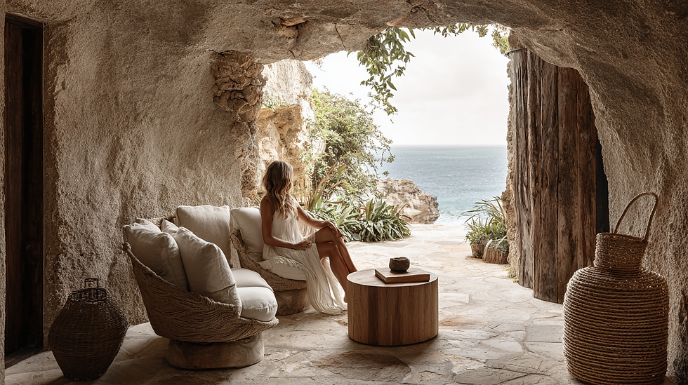 Ocean and cave interior design with woman in white dress