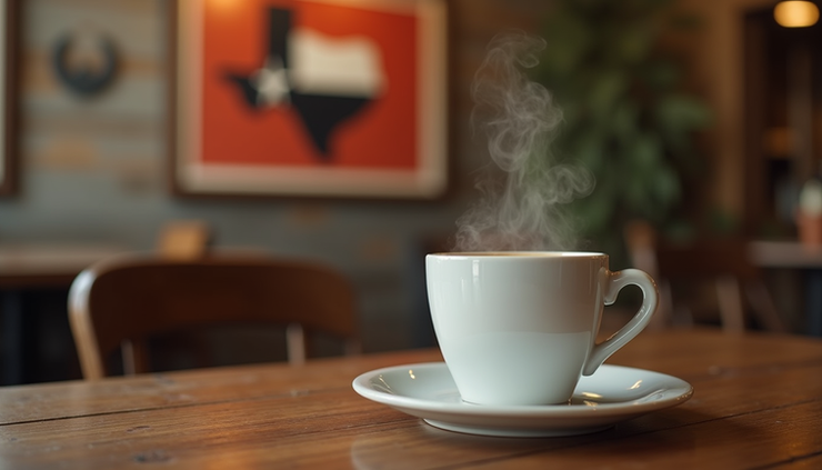 Eye-level view of a steaming cup of Lola Savannahs Texan coffee on a rustic wooden table