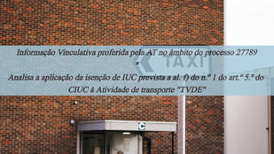 Informação Vinculativa proferida pela AT no âmbito do processo 27789