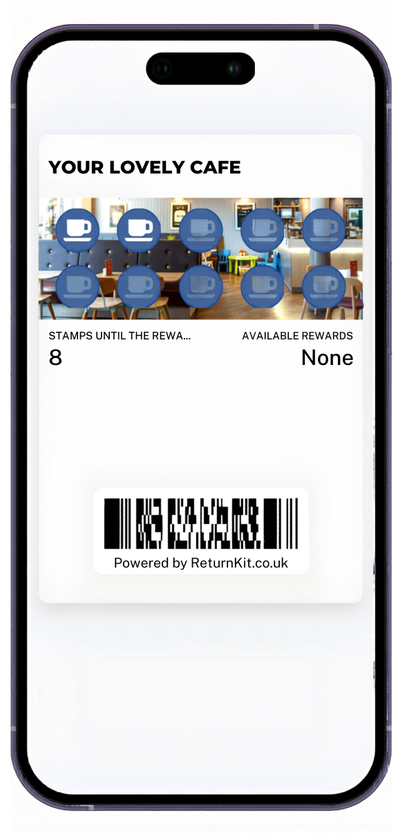 Brighton & Hove cafe loyalty app. Cafe app on a phone shows 8 stamps, no rewards. Blue coffee cup icons, barcode, and text "Powered by ReturnKit.co.uk." Loyalty app for apple & google wallet.