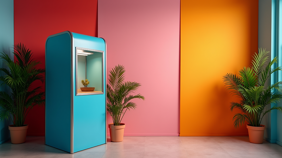 High angle view of a photo booth with colorful props and backdrop