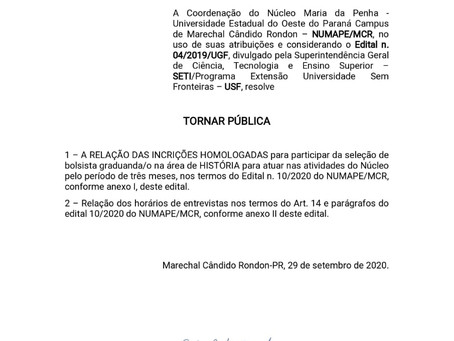 EDITAL n. 12/2020 - Homologação de inscrições para o Processo Seletivo