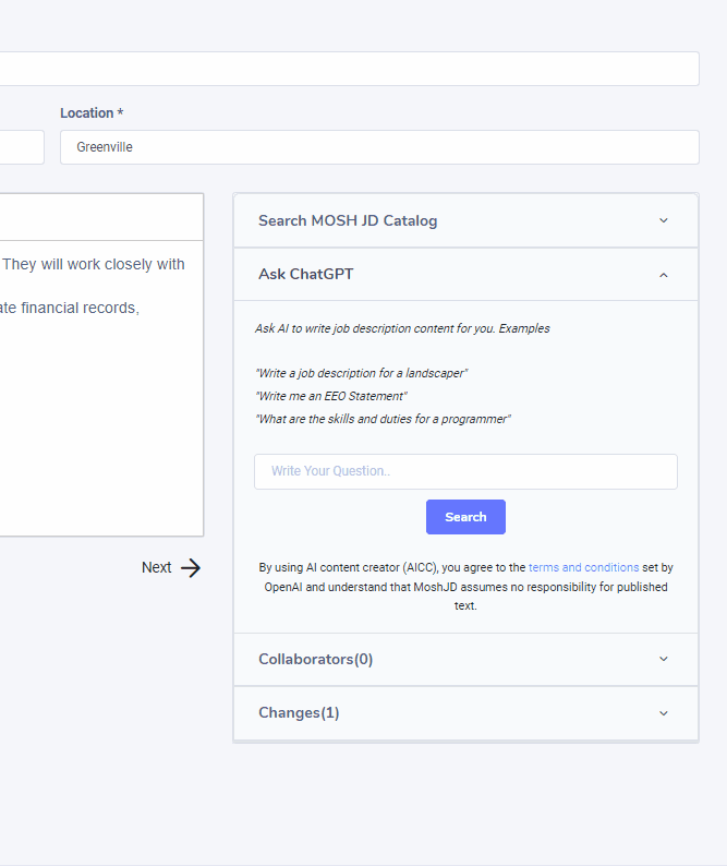 Gif of integrated AI tool in Mosh JD job description management software
