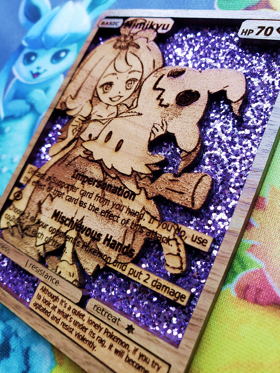 Mimikyu and Acerola Cosmic Eclipse Wooden Pokemon Character Card