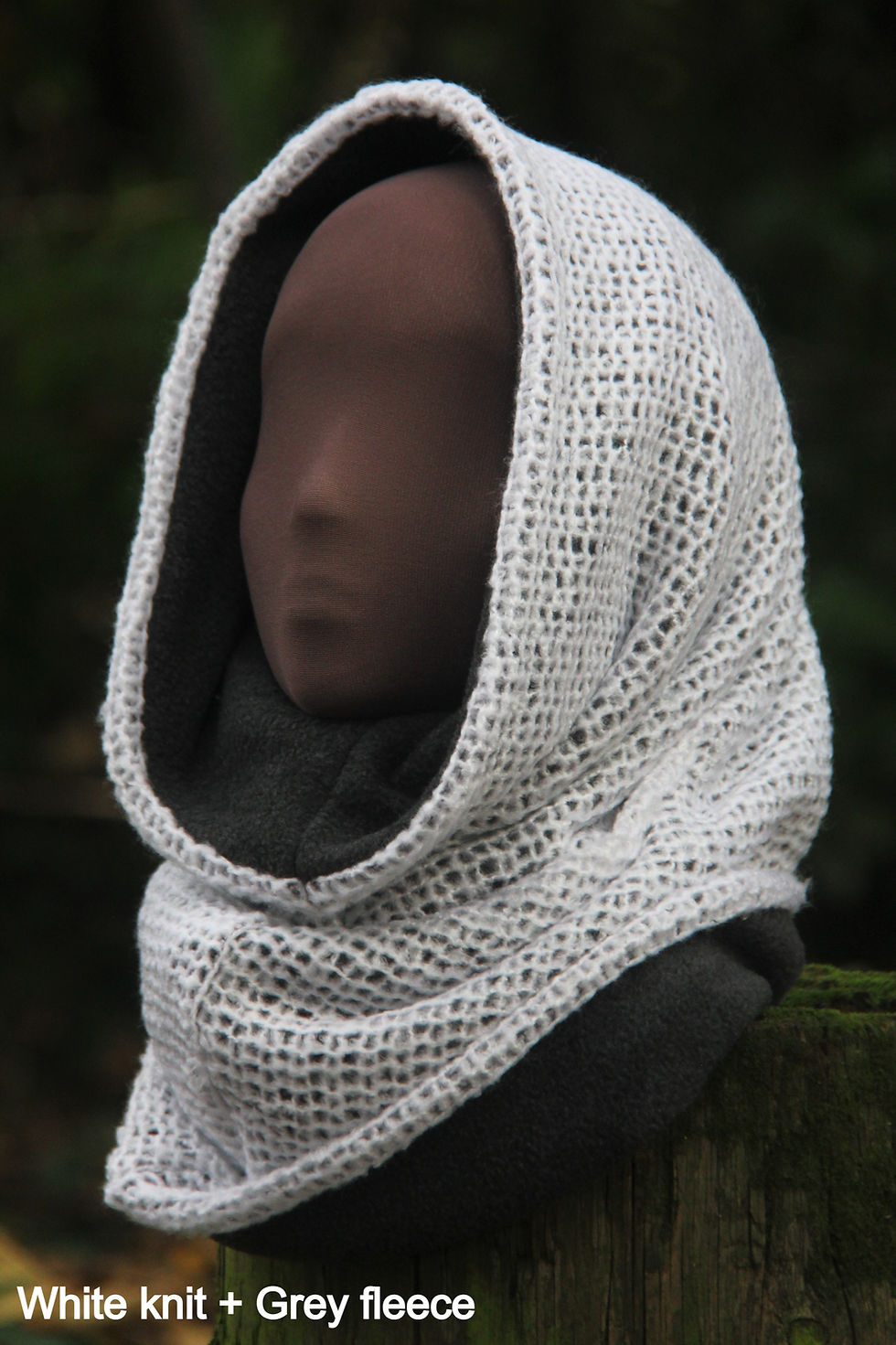 Thumbnail: front view of a reversable fleece and wool snood covering neck and head. hand made by Chameleon Unique Designs