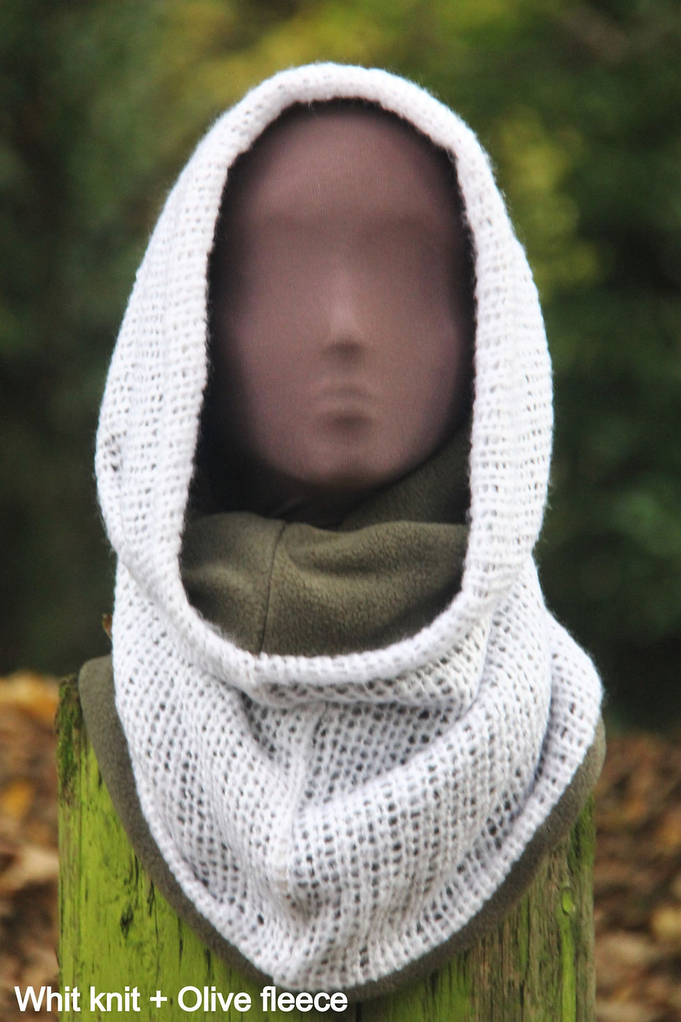 Thumbnail: front view of a reversable fleece and wool snood covering neck and head. hand made by Chameleon Unique Designs in White