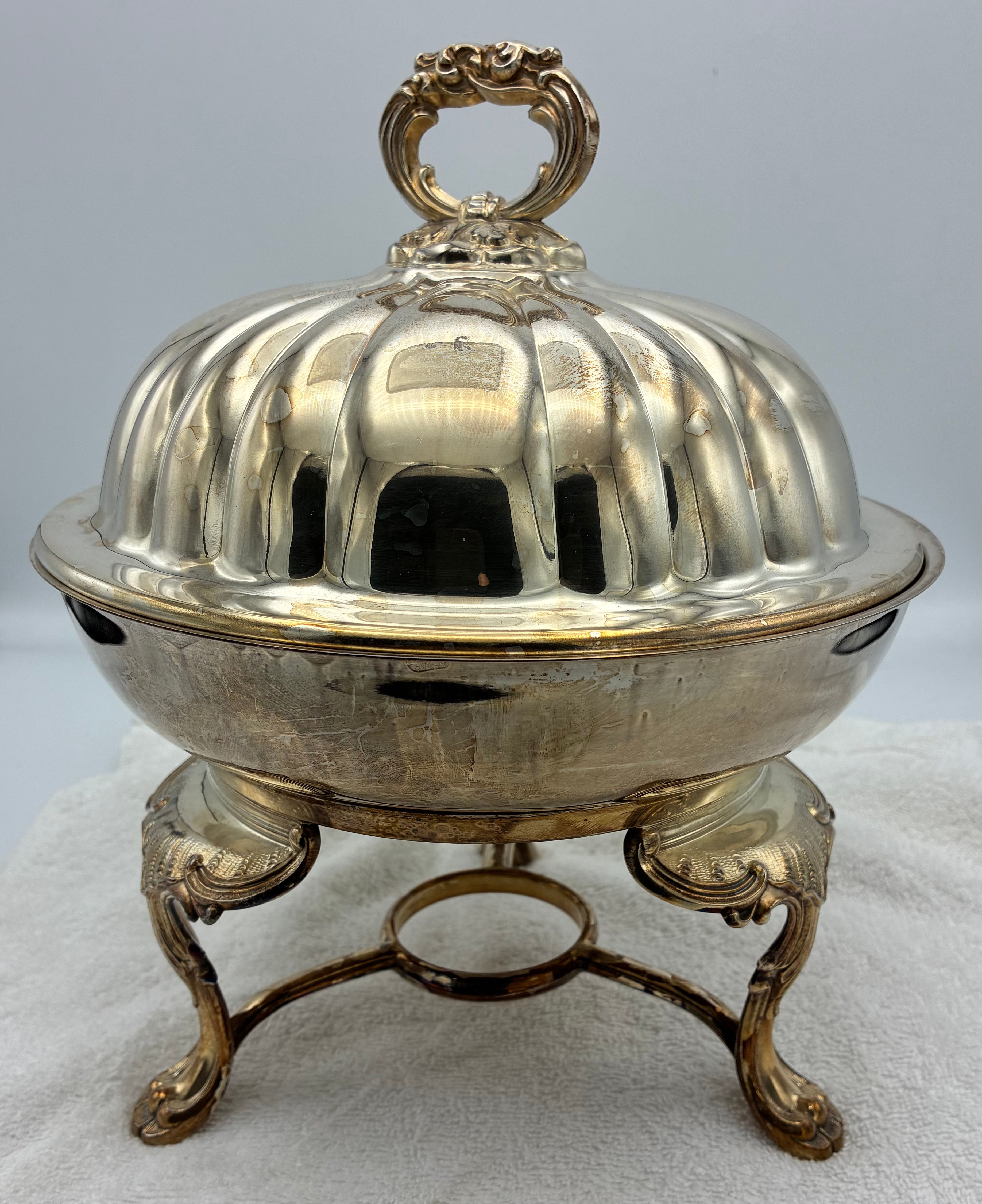 Vintage Silverplated Chafing Dish with Ornate Stand, Bowl Has 9” Diameter,2”Deep