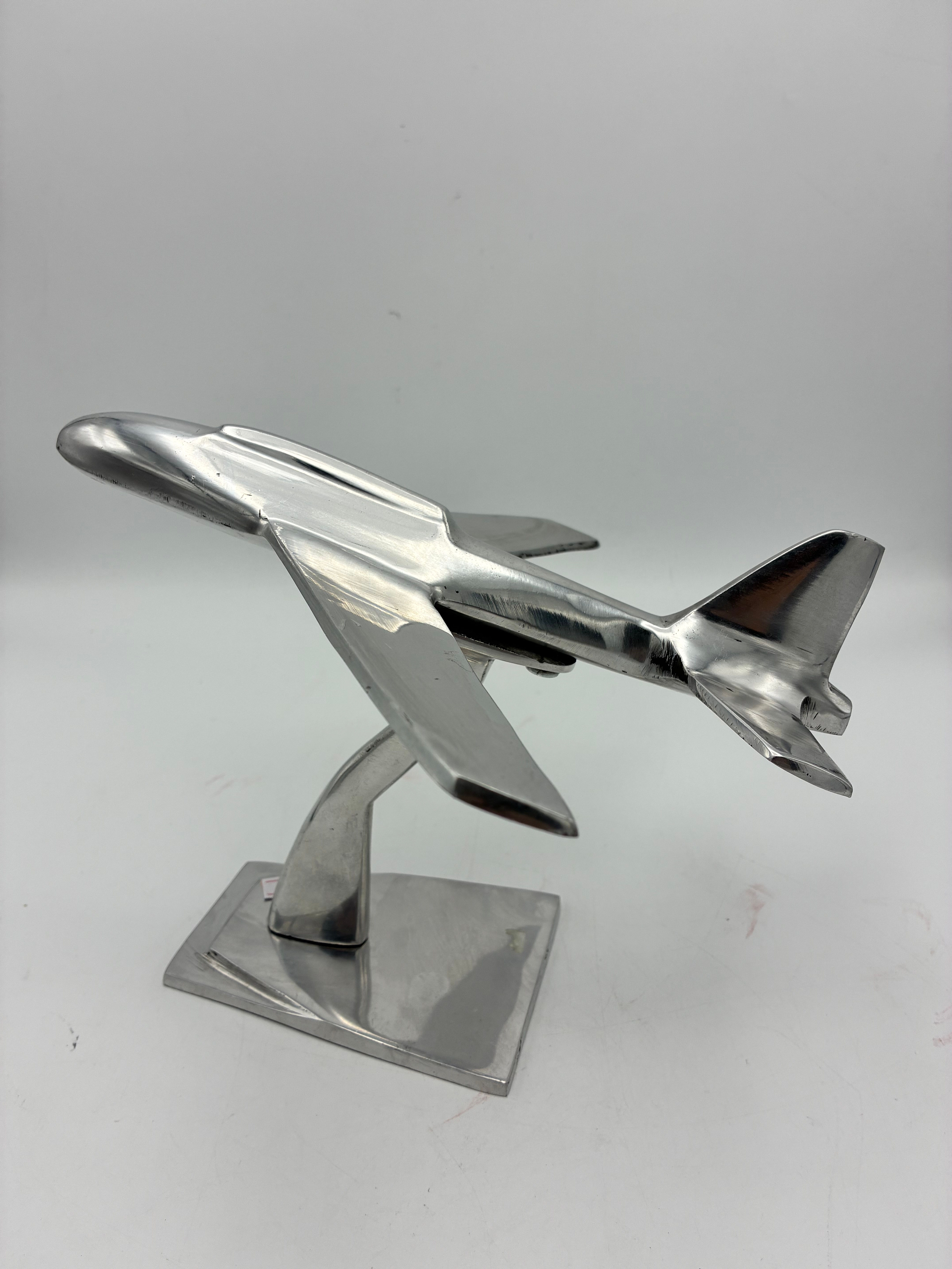 Vintage Polished Aluminum Airplane Model on Stand, Plane Is 9.5”x9.5”, Tot Ht 7”