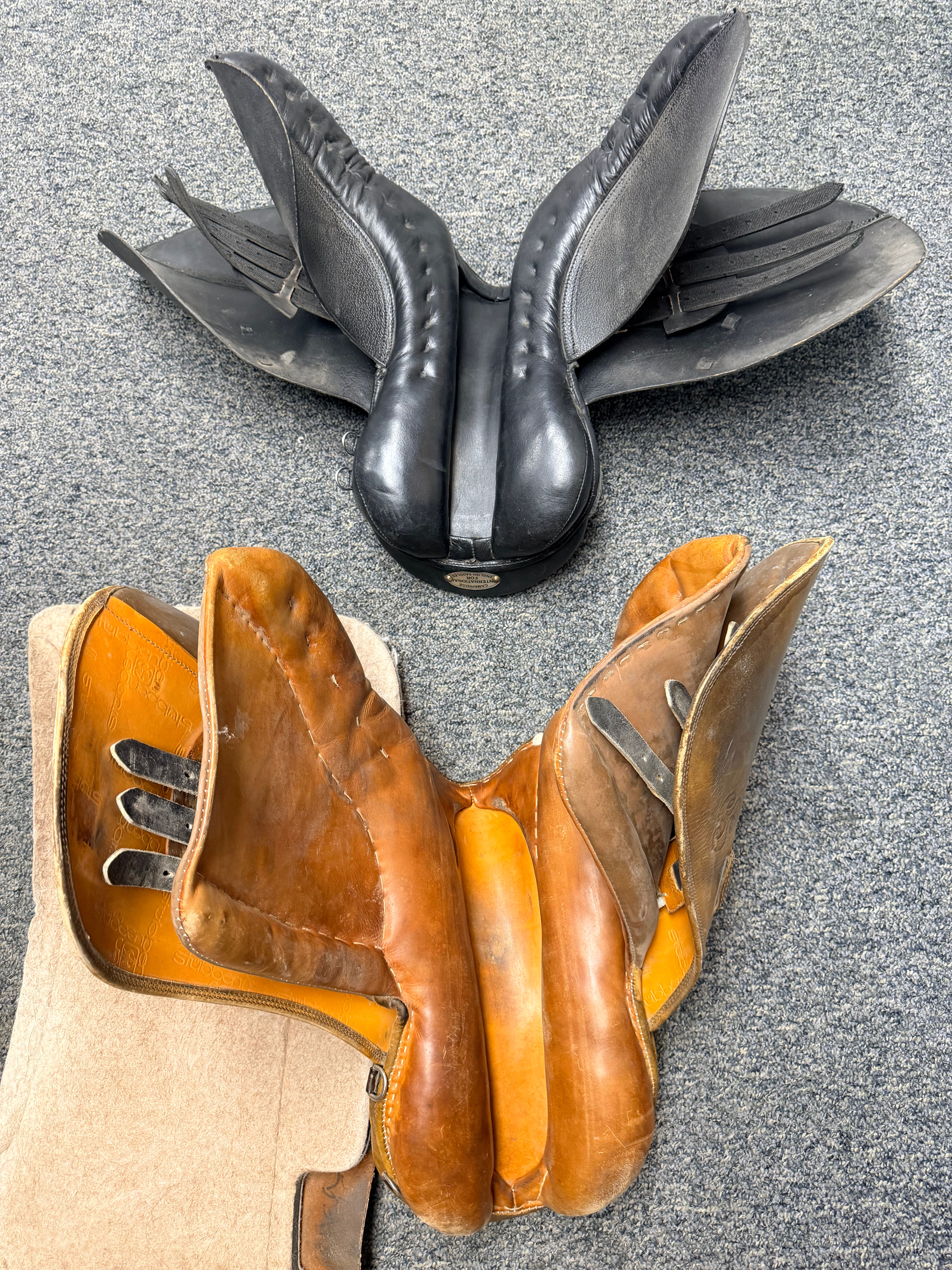 Vintage 2 English Riding Saddles + 1 Pad, Cambridge (Black) and Stubben (Tan)
