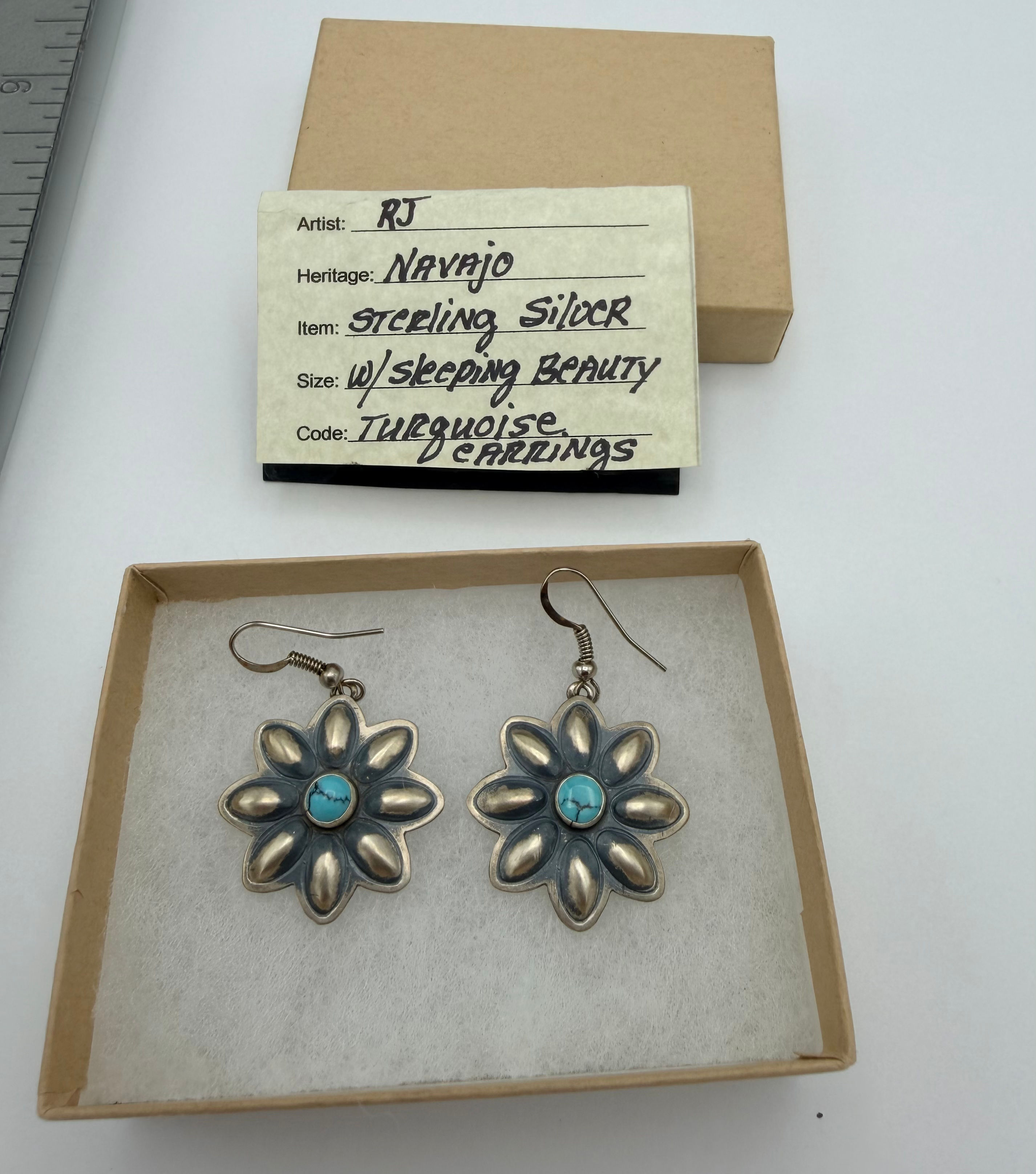 Native American/ Navajo RJ Sterling Silver Sleeping Beauty Turquoise Earrings