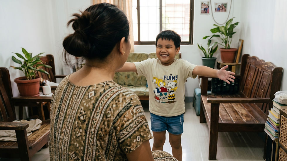 A child approaches his mother for a hug.