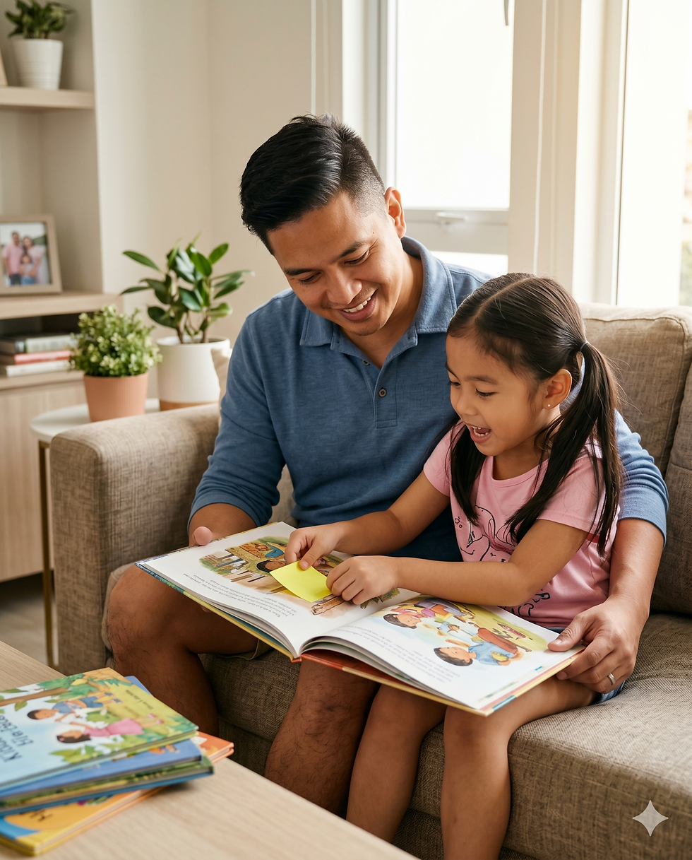 A father and child seated on the sofa while reading a book.