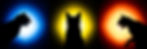 Three cats silhouetted against various backgrounds. From left to right: blue, yellow, red.