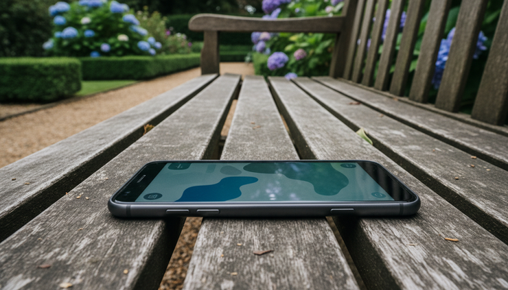 Close-up view of a phone showing a blurred messaging app on a bench.