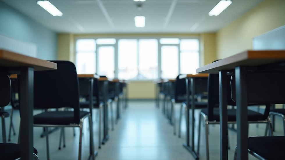 Eye-level view of a security training classroom with desks and chairs