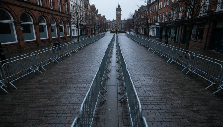 High-angle view of empty event barriers arranged along a quiet street.