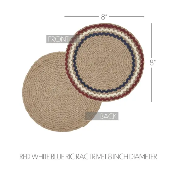 8" natural jute woven candle mat or trivet with cream, red & blue ric rac trim